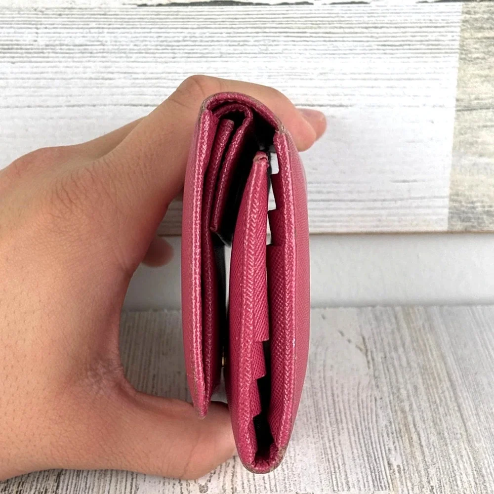 Prada Womens Pink Saffiano Leather Tri Fold Wallet Card Holder Italy Luxury